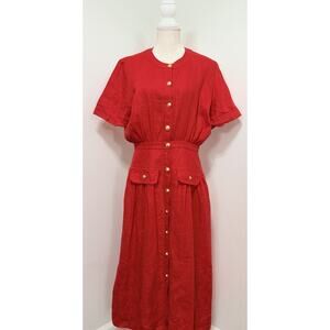 Vintage Valentino Miss V Red Gold Button Down Dress 100% Linen Size 46 Italy
